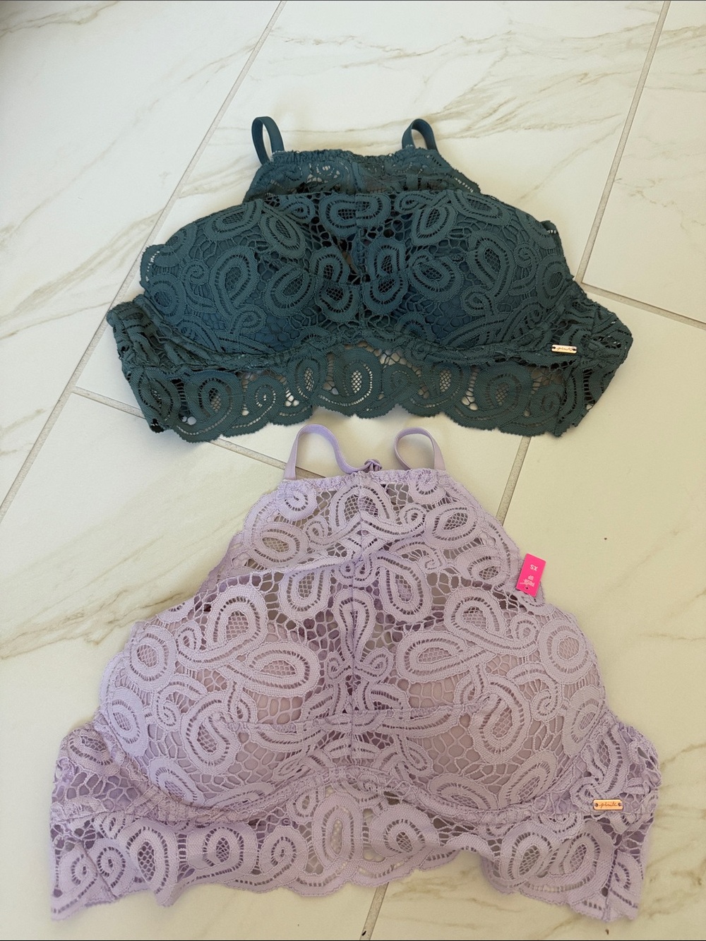 PINK Victoria's Secret Lace High-Neck Bralettes in Lavender and Dark Sage Teal